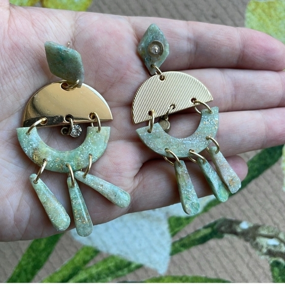 Gold and Natural Green Stone Statement Earrings - Picture 1 of 3